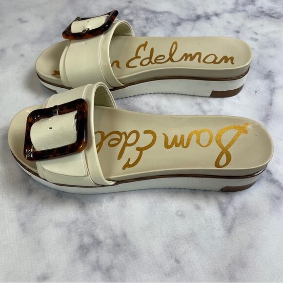 Sam Edelman Ariane Ivory Leather Slide Sandals Tortoise Buckle Sz 9 - Picture 5 of 11